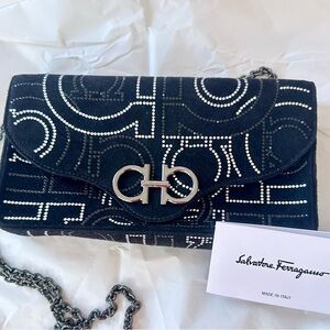 Salvatore Ferragamo Black Suede Gancini Crystal Clutch Bag w/Chain Made in Italy